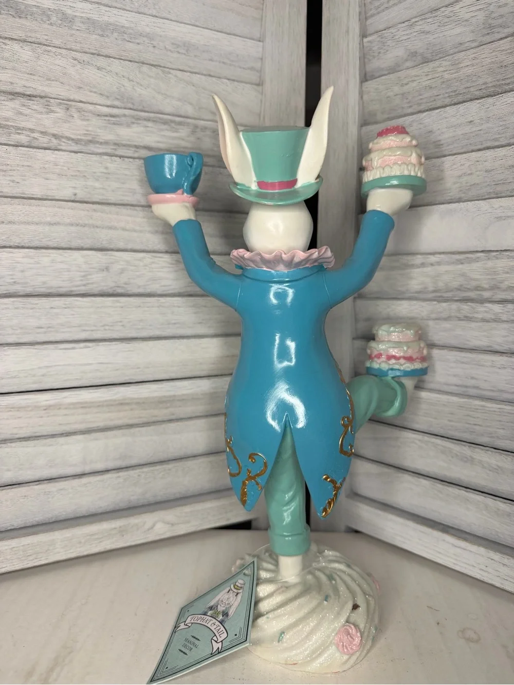 Tophat & Tail Easter Bunny Rabbit Mad Hatter Balancing Teacup And Cakes 12.5